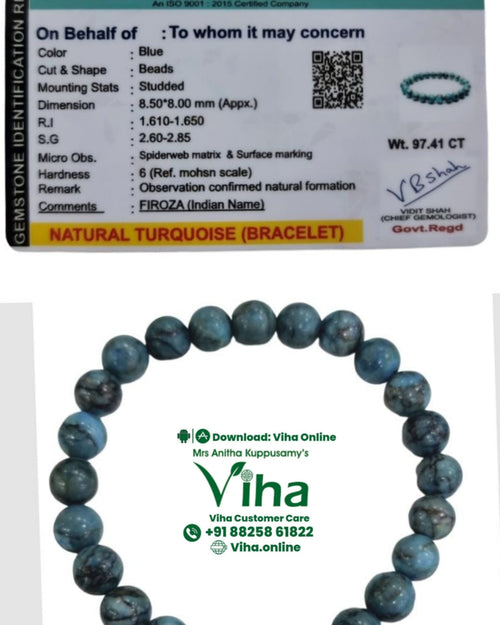 Turquoise Bracelet, blue-grey marbled round beads shown beside a gemstone identification card
