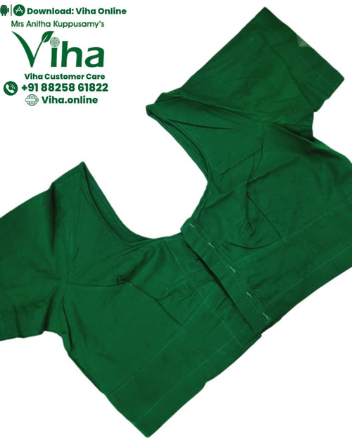 Two by Two Readymade Blouse, a short-sleeved green textile blouse featuring a scoop neck, darted front panels, and a front-opening placket