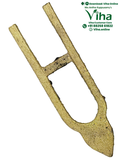Thenkalai Nama Bindi Stamp, a flat brass stamp with two long prongs and a crossbar