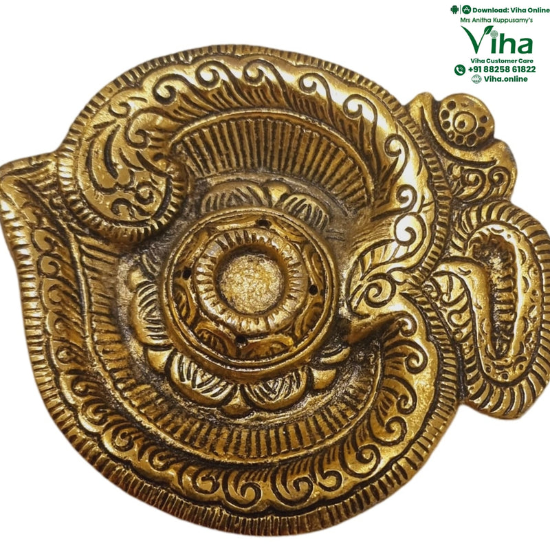 OM Shape Insence Holder, white metal plate with raised floral and scrollwork relief across the entire surface