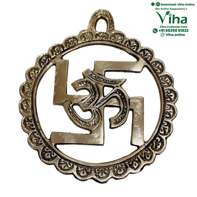 Swastik + Om Wall Hanger - Brass with scalloped outer rim with engraved pattern