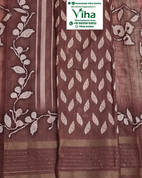Fancy Cotton Silk Saree with leaf and stripe patterns