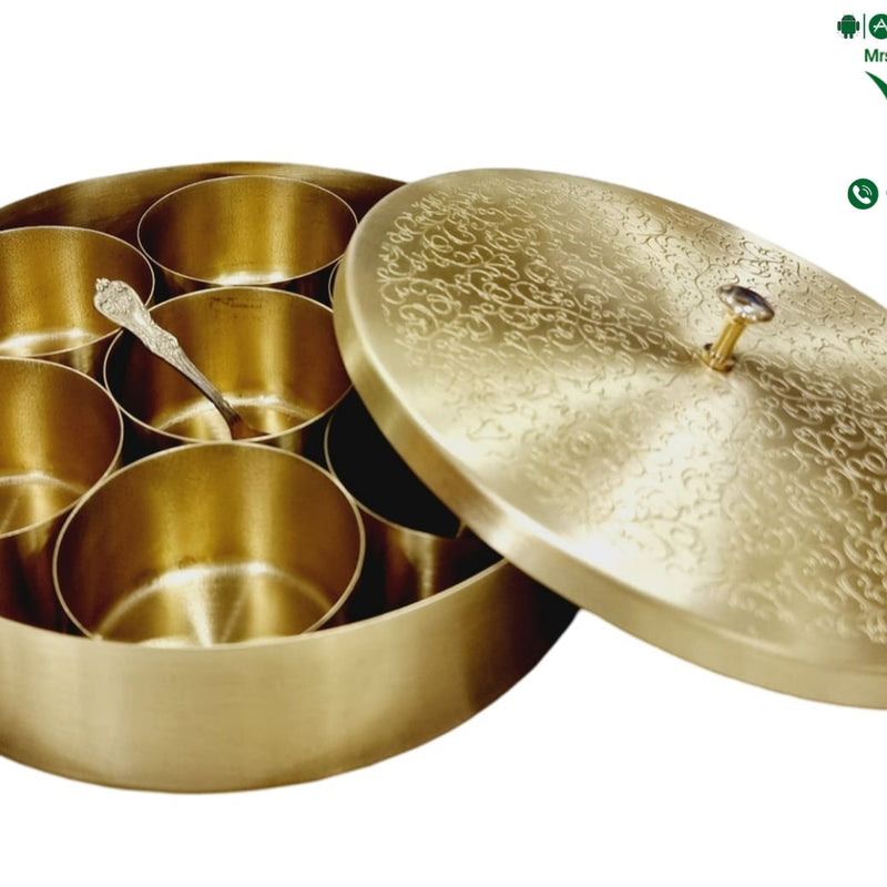 Anjarai Petti Spice Box - Premium Quality Brass with multiple small round inner compartments
