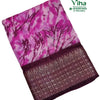 Cotton Silk Saree with Blouse, folded pink tie-dye fabric featuring dark purple abstract prints and a wide dark purple woven geometric border