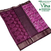 Cotton Silk Saree with Blouse, three folded panels of purple and pink fabric with paisley motifs, geometric patterns and woven gold-toned borders