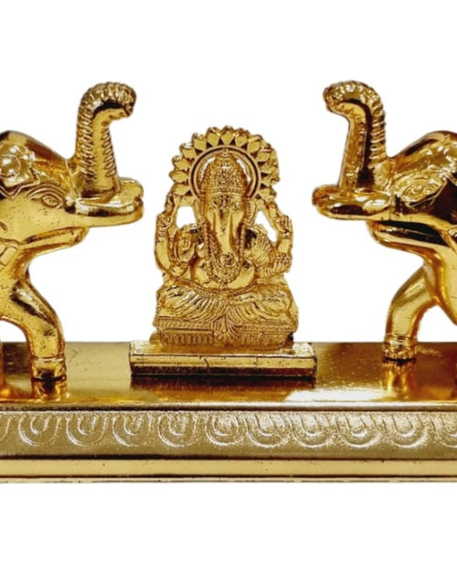 Elephant Ganesha Kumkum Box, two elephants with raised trunks flanking a seated Ganesha with arched halo, on a patterned base