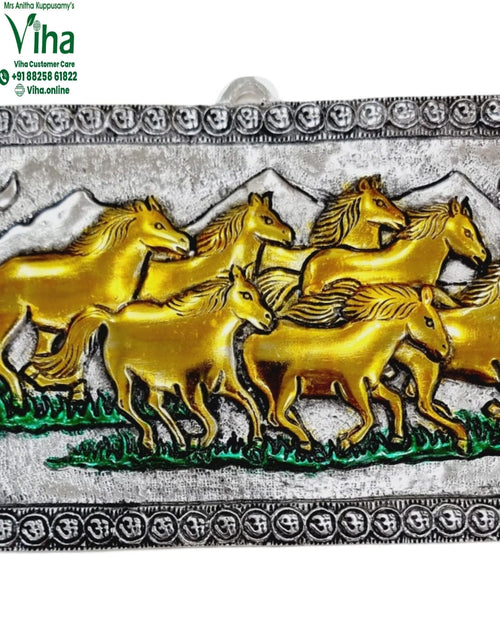 Horses with Shree Yantra Wall Hanger - Metal, a rectangular relief plaque depicting seven gold-toned horses on a silver-coloured textured background
