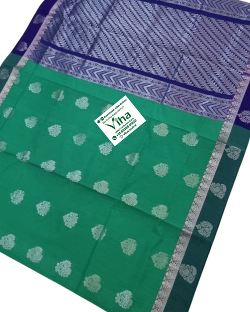 Handloom Cotton Silk Saree with Blouse & with Grand Pallu, green and blue section with silver-toned floral motifs