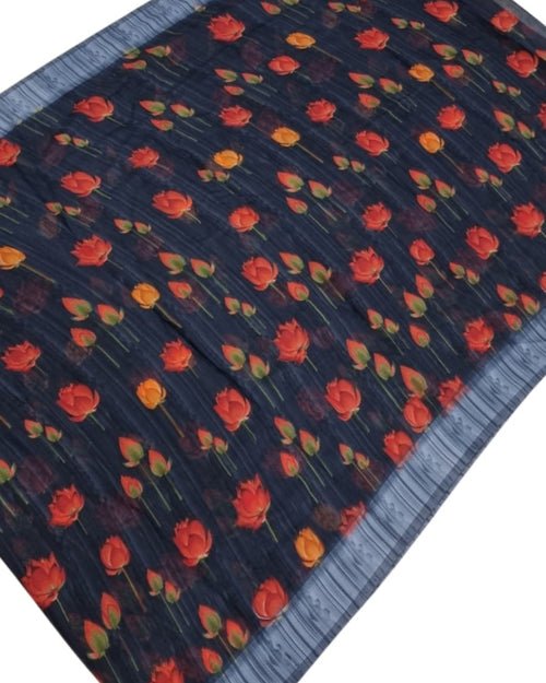 Soft Cotton Silk Saree with printed floral pattern and striped border