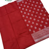 Soft Silk Saree with Blouse & with Grand Pallu, a red fabric featuring white-patterned floral motifs and a border band with repeated floral designs