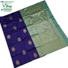 Soft Silk Saree with Blouse & with Grand Pallu, a folded blue and green textile with a gold-toned patterned section and ten embroidered motifs