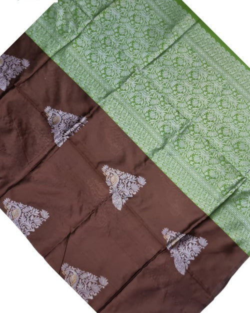 Soft Silk Saree with Blouse and Grand Pallu, brown and green floral pattern