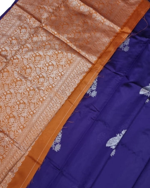 Soft Silk Saree with Blouse and Grand Pallu, blue and orange woven pattern