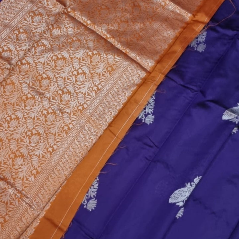 Soft Silk Saree with Blouse and Grand Pallu, blue and orange woven pattern