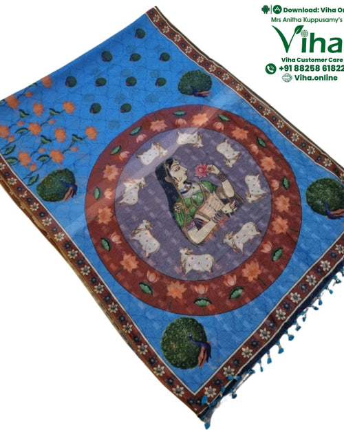 Soft Cotton Saree with Blouse in blue, printed with a central medallion of a woman among cows and a peacock border