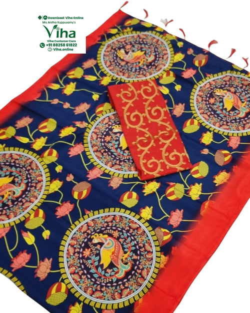 Art Silk Designer Saree with Blouse, bird illustrations and floral vine patterns