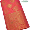 Banaras Semi Silk Saree, a folded pink textile featuring woven gold-toned paisley motifs and a wide patterned border with scattered clear stones