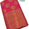 Banaras Semi Silk Saree, a folded pink fabric features woven gold-toned paisley motifs and ornate borders decorated with tiny sparkly clear stones