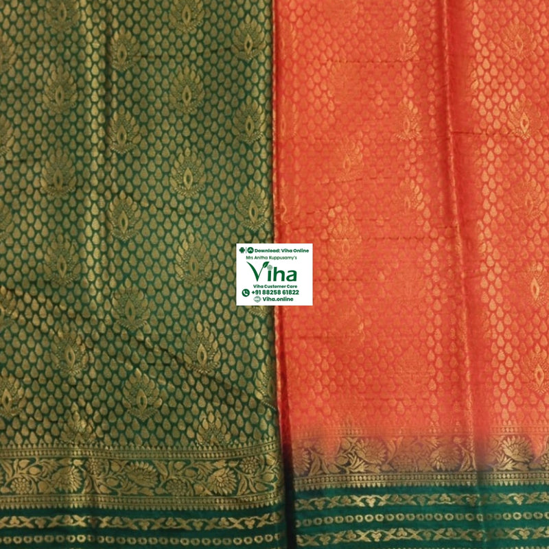 Soft Silk Saree with Blouse & with Grand Pallu, two folded patterned textiles, one green and one orange, each with a gold-toned border at the bottom