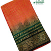 Soft Silk Saree with Blouse & with Grand Pallu, folded coral pink and green fabric featuring gold-toned woven patterns throughout