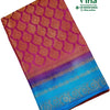 Soft Silk Saree with Blouse & with Grand Pallu, a folded saree with pink upper body, purple mid-section, and blue lower hem featuring gold-toned motifs