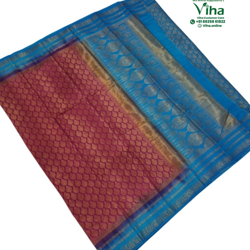 Soft Silk Saree with Blouse and Grand Pallu, pink and blue woven patterns