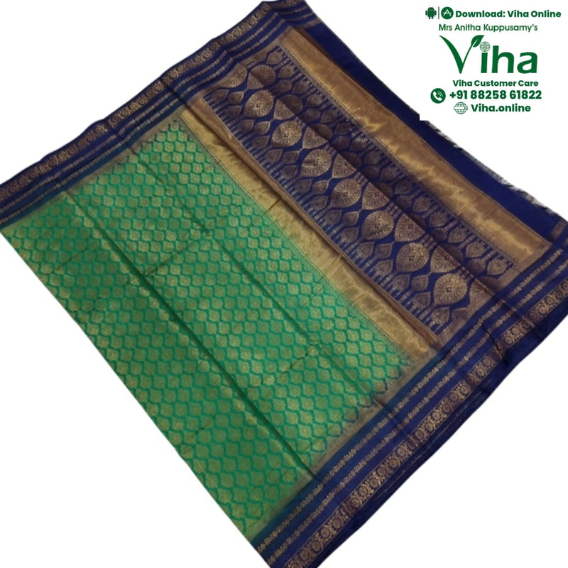 Soft Silk Saree with Blouse and Grand Pallu, green and blue geometric pattern