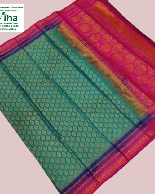 Soft Silk Saree with Blouse and Grand Pallu, turquoise and pink repetitive pattern