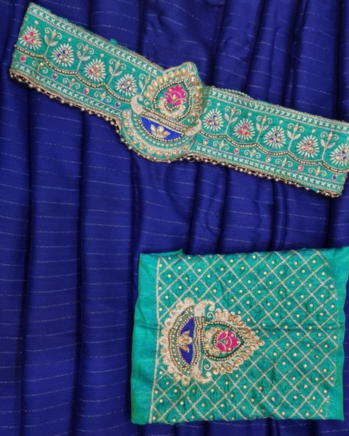 Chiffon Saree With Designer Blouse & Belt, blue and green embroidery with floral and paisley motifs