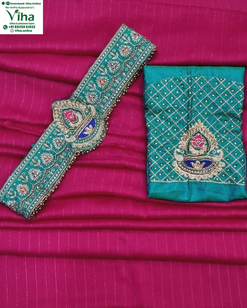 Chiffon Saree With Designer Blouse & Belt, magenta and teal embroidery with floral motifs