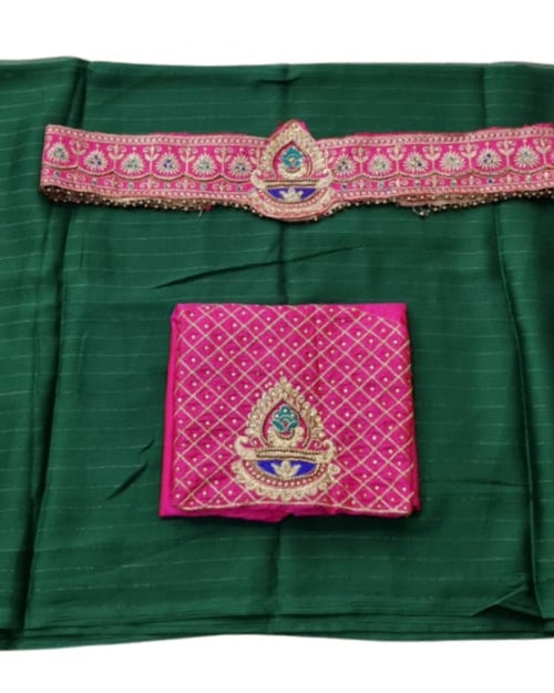Chiffon Saree With Designer Blouse & Belt, green and pink folded fabric with embroidery