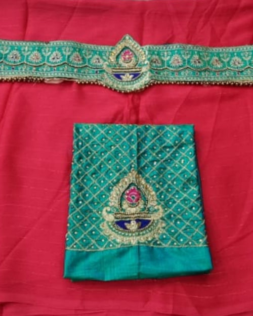 Chiffon Saree With Designer Blouse & Belt, red and teal embroidered band and folded fabric