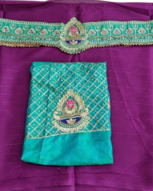 Chiffon Saree With Designer Blouse & Belt, purple and teal flat fabric with embroidery