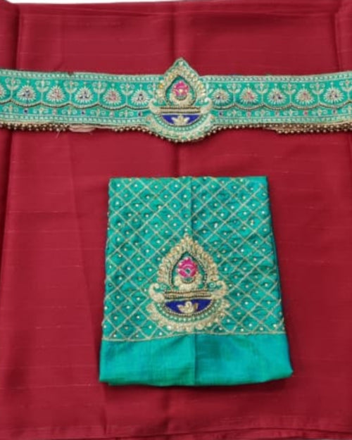 Chiffon Saree With Designer Blouse & Belt, red folded fabric piece