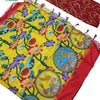 Art Silk Saree with Designer Blouse, a yellow fabric featuring multicolored floral and peacock circular prints with a red border and red blouse piece