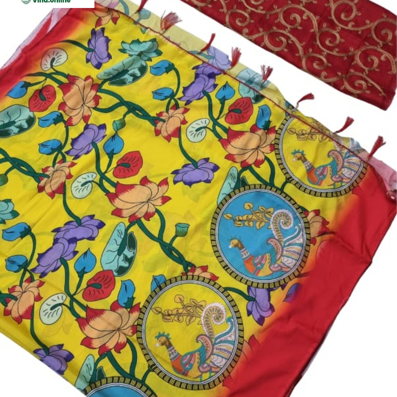 Art Silk Saree with Designer Blouse, a yellow fabric featuring multicolored floral and peacock circular prints with a red border and red blouse piece