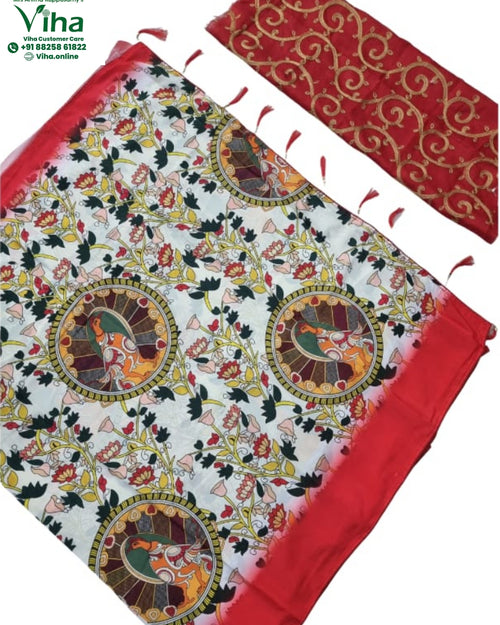 Art Silk Saree with Designer Blouse, printed floral patterns and circular motifs