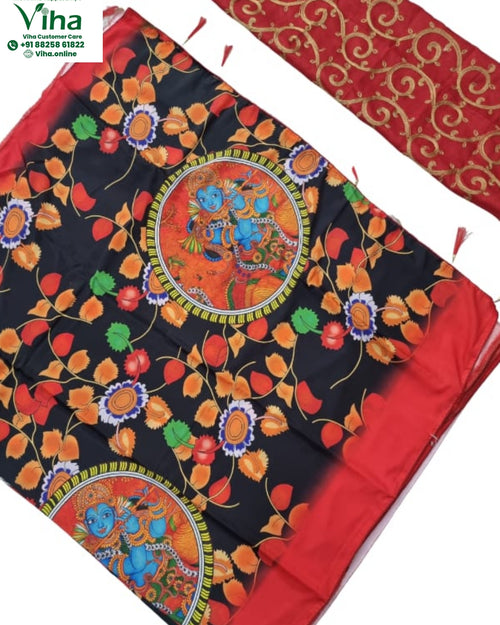 Art Silk Saree with Designer Blouse, printed round motifs of a blue figure