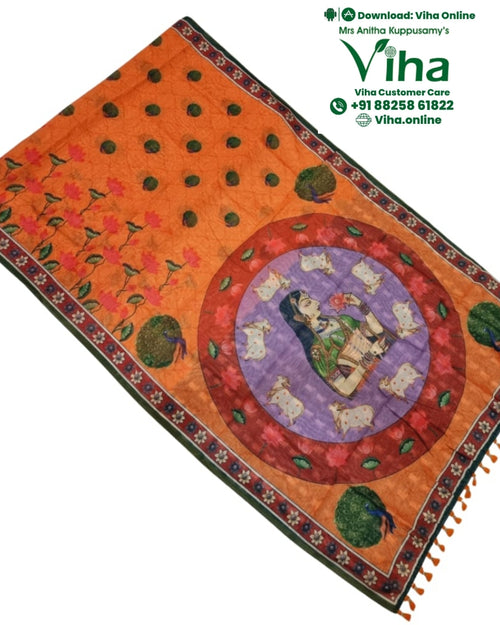 Soft Cotton Saree with Blouse & Pallu, orange, floral print and circular medallion with human figure