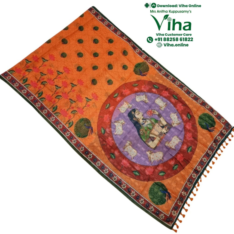 Soft Cotton Saree with Blouse & Pallu, orange, floral print and circular medallion with human figure