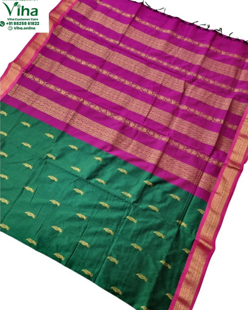 Kalyani Cotton Saree with Blouse & with Grand Pallu, magenta and green rectangular fabric with tassels at the edge