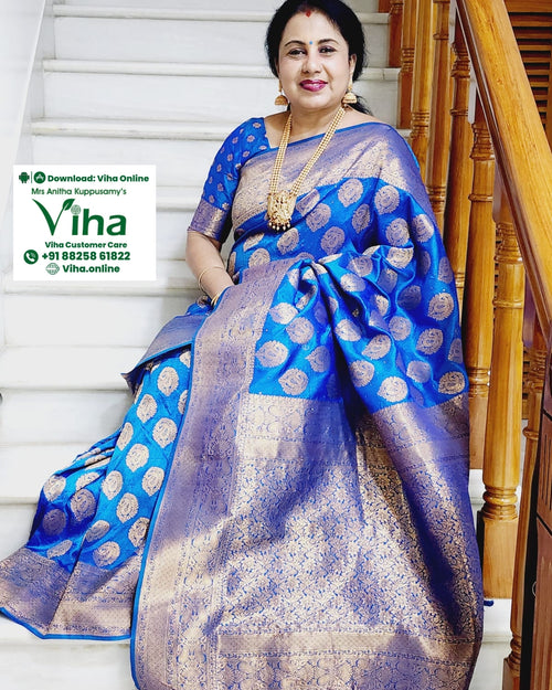 Banaras Semi Silk Saree, a woman seated on white stairs wears a blue and gold-toned patterned saree with matching blouse and jewellery