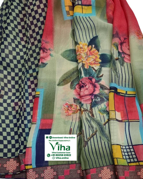 Georgette Saree with Blouse, multicoloured folded fabric with checkered pattern and floral print