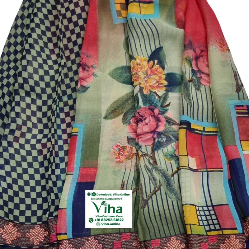 Georgette Saree with Blouse, multicoloured folded fabric with checkered pattern and floral print