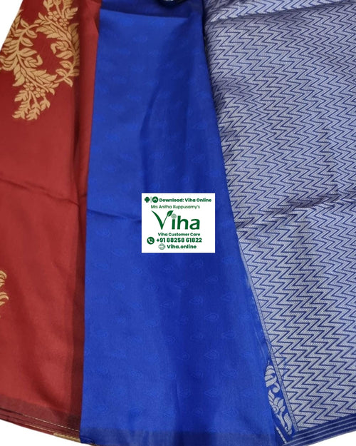Cotton Silk Saree With Blouse & With Pallu, red and blue with a floral pattern