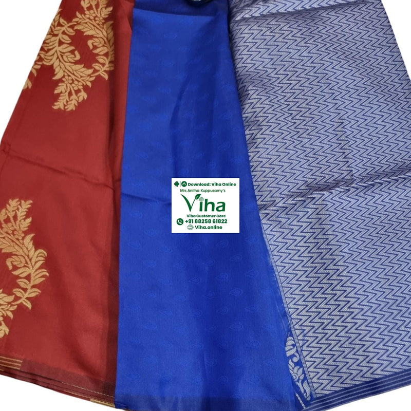 Cotton Silk Saree With Blouse & With Pallu, red and blue with a floral pattern