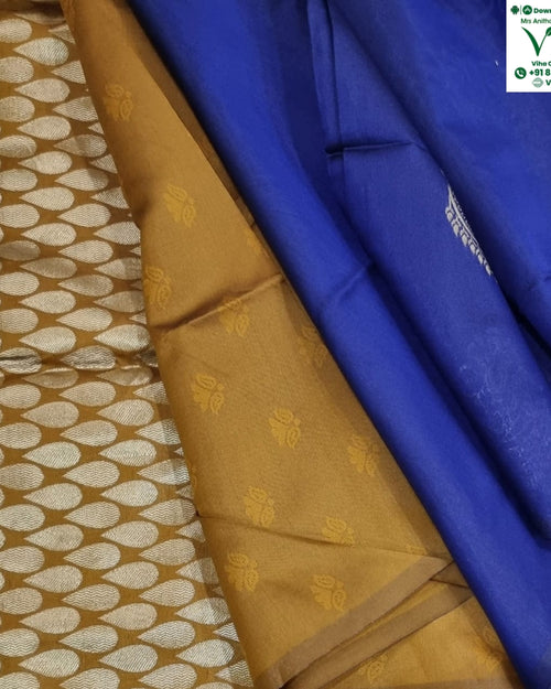 Cotton Silk Saree With Blouse & With Pallu, blue with a leaf-shaped pattern and floral motifs