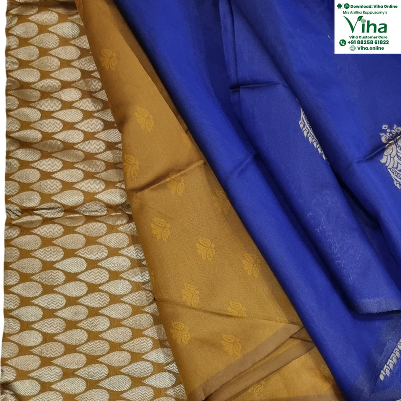 Cotton Silk Saree With Blouse & With Pallu, blue with a leaf-shaped pattern and floral motifs