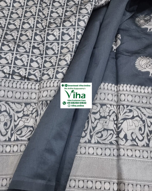 Cotton Silk Saree With Blouse & With Pallu, dark grey with a grid pattern and bird motifs
