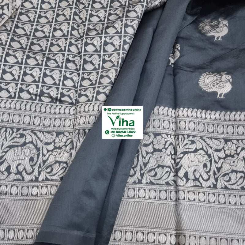 Cotton Silk Saree With Blouse & With Pallu, dark grey with a grid pattern and bird motifs